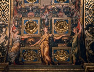 Tre kloka jungfrur, detalj av Tre kloka jungfrur och tre dåraktiga jungfrur, av Francesco Mazzola känd som Il Parmigianino, fresk, undersidan av bågen av presbyteriet, helgedomen Santa Maria della Steccata, Parma, Emilia-Romagna. Italien av Parmigianino