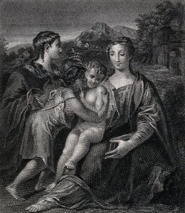 Heliga Maria (den välsignade jungfrun) med Kristusbarnet, den helige Johannes Döparen och den heliga Maria Magdalena. Gravyr efter G.F.M. Mazzola, il Parmigianino. av Parmigianino