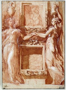 Två kaneforer som ger sin hand, på båda sidor om lådor Ritning i bläck, tvätt, blod och vita flikar av Girolamo Francesco Maria Mazzola dit Parmigianino eller Le Parmesan