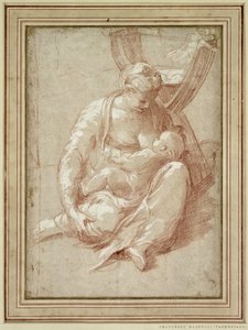 Jungfru sitter på marken och ammar barnet av Parmigianino