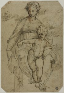 Jungfru och barn (recto); Skiss över tre heliga och karikatyrskiss (verso) av Parmigianino