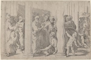 De heliga Peter och Johannes botar den lame mannen vid den gyllene porten av Parmigianino after Raphael