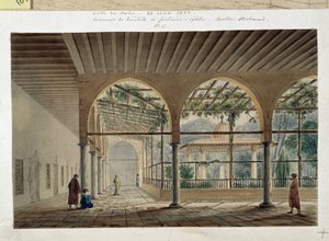 Orientalism: dervischkloster och fontän. Teckning av Pascal Coste (1787-1879)