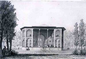 De åtta paradisens paviljong i Isfahan, från "Voyage Pittoresque" of Persia, graverad av Jules Penel (f.1833) och Joseph Durond (f.1816) utgiven av Lemercier, Paris. av Pascal Xavier (after) Coste