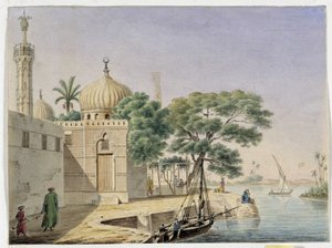 Utsikt över en moské vid vattnet. Egypten. Teckning av Pascal Coste (1787-1879) Museum of Mediterranean Archaeology, Marseille