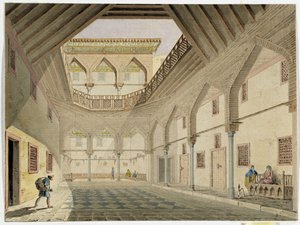 Vy över interiören av en karavanserail, hem för Azir Osman Agha. Akvarell av Pascal Coste (1787-1879) Museum of Mediterranean Archaeology, Marseille