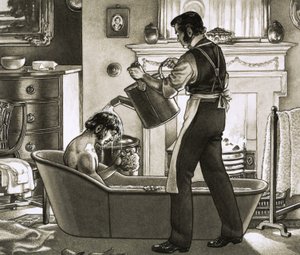 Ein Mann wird von seinem Diener gebadet