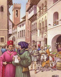 En typisk gatuscen i Florens i början av 1400-talet (gouache på papper)