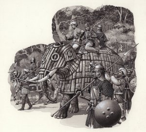 Bepansrad elefant från kinesiska armén (gouache på papper)