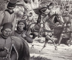 Konspiratörerna tittar på när Lorenzo de Medici rider förbi (gouache på papper)