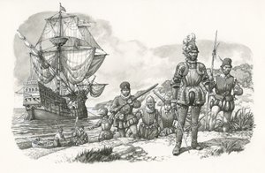 De första européerna anlände till Kalifornien (gouache på papper)