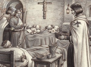 Godfrey de Bouillon ser på när benediktinermunkarna tar hand om de sårade (gouache på papper)