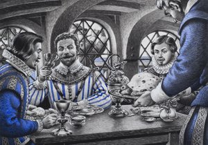 Sir Francis Drake (1540-96) vid bordet (gouache på papper)
