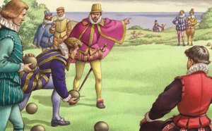 Sir Francis Drake spelar boule innan den spanska armadan anländer (gouache på papper)