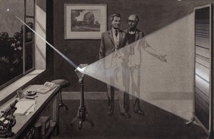 Ljuset från en stjärna träffar ett prisma och delas upp i en regnbåge av färger (gouache på papper)