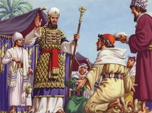 De tre vise männen frågar Herodes "Var är barnet som är fött för att bli judarnas kung" (gouache på papper)