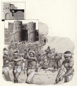 Arbeiten an den ersten Mauern von Kairo begannen 969 n. Chr. (Gouache auf Papier)