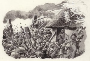 En romersk legion stormar Maiden Castle (gouache på papper)