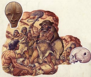 En stenåldersläkare driver ut djävulen som gör hans medmänniskor sjuka (gouache på papper)