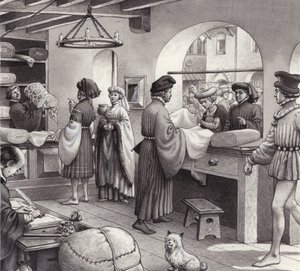 En tyghandlares butik i renässansens Italien (gouache på papper)