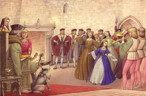 En fest följde Katarina av Aragoniens ankomst till England för att gifta sig (gouache på papper)