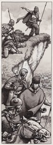 Forntida britter upptäcker Julius Caesars invasionsstyrkor år 55 f Kr (gouache på papper)