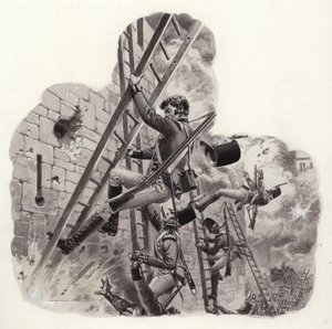 Brittiska soldater under beskjutning av fransmän under anfallet mot Badajoz (gouache på papper) av Pat (1907 95) Nicolle