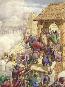 Godfrey de Bouillons styrkor bryter igenom Jerusalems murar (gouache på papper)