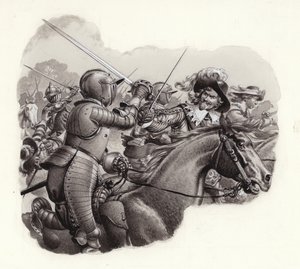 Tungt bepansrat kavalleri från 1600-talet (gouache på papper)