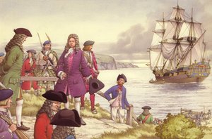 James Edward Stuart, den gamle pretendenten, avreser från Skottland till Frankrike (gouache på papper)