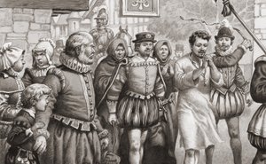 Kung Henri III av Frankrike gör bot genom att gå genom Paris gator i en hårskjorta medan han blir piskad (gouache på papper)