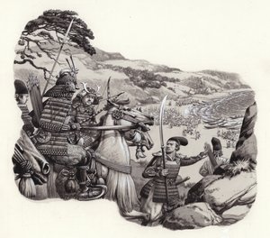 Mongoler invaderar Japan (gouache på papper)