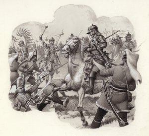 Polskt kavalleri i strid mot turkiska janitsjarregementen i Wien 1683 (gouache på papper)