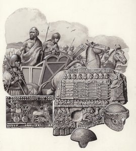 Sumarisk stridsvagn dragen av vildåsnor (gouache på papper)