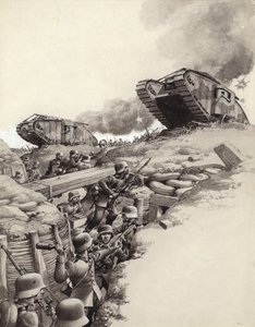 Stridsvagnar rullar över tyska skyttegravar under första världskriget (gouache på papper)