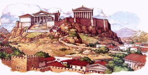 Akropolis, eller det antika citadellet, i Aten som det såg ut på 500-talet