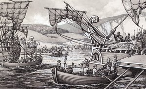 Romarna invaderar England 55 f.Kr. under Julius Caesar (gouache på papper)
