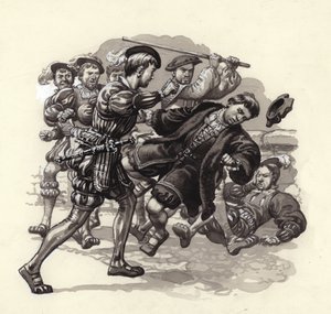 William Herbert attackerar en oskyldig förbipasserande i Bristol (gouache på papper) av Pat (1907 95) Nicolle