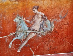 Oplontis, nära Neapel, Italien (Napoli, Italia): väggmålningar i Villa Poppaea - detalj av romersk fresk, mytologisk scen bortförandet av Europa - romersk konst - Foto Patrice Cartier - av Patrice Cartier