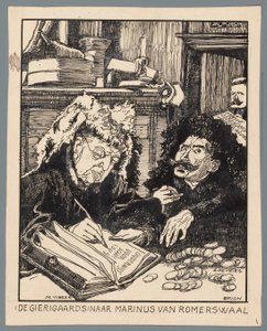 Ministrarna De Visser och Simon de Vries som skatteindrivare The Gierigaards: efter Marinus van Romerwaal (titel på objekt) av Patricq Kroon (signed by artist)