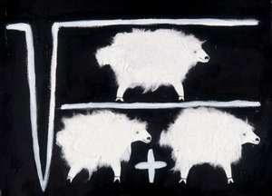 Kloning: En matematisk symbol som representerar kvadratrot, division och additon med får som försökskanin. Vitt bomullscollage mot svart bakgrund.