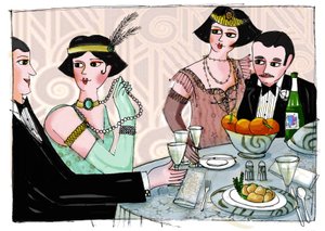Illustration av en världslig middag i "Gatsby the Magnificent" av den amerikanske författaren Francis Scott Fitzgerald (1896-1940) (Den store Gatsby) Teckning av Patrizia Laporta