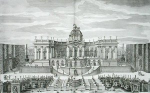 Den stora grottan och fontänträdgården vid Princely Pleasure Palace and Gardens, Berlin, graverad av Johann August Corvinus (1683-1738), publicerad c.1711-16 (gravyr)