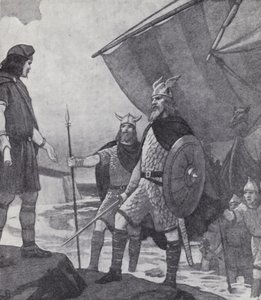 Bröderna Hengist och Horsa anländer till Ebbsfleet, Isle of Thanet, Kent, under invasionen av anglarna, saxarna och juterna på 500-talet (litho)