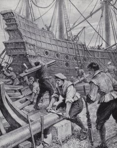 Byggnad av den engelska galjonen Ark Royal, flaggskeppet i kampen mot den spanska armadan 1588 (litho)