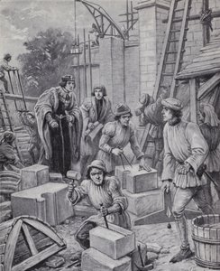 Kung Henry VI övervakar byggnaden av Eton College som han grundade 1440 (litho)