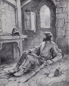 Robert the Bruce med spindeln som inspirerade honom att försöka besegra engelsmännen igen (litho)