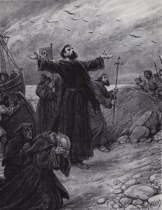 St Augustine anländer till Kent, 597 AD (litho)