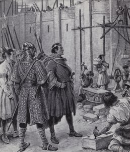 Vilhelm Erövraren övervakar byggnaden av Tower of London (litho)