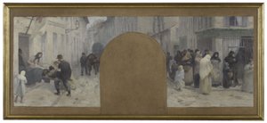 Skiss till Hôtel de Ville de Paris, cabinet du préfet: Transport av sårade till ambulansen. Köer framför en affär under belägringen av Paris 1870 av Paul Albert Baudouin